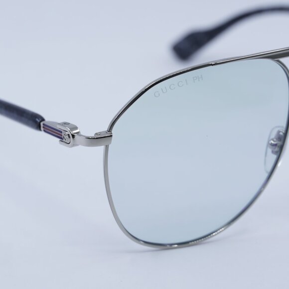 Gucci GG1220S 006 Sunglasses Silver Aviator Frame, Transparent To Blue Lenses main image 5